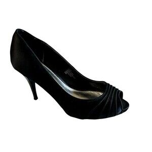 White House Black Market Jordin Heels Black Satin Peep Toe Stiletto Womens 6.5M